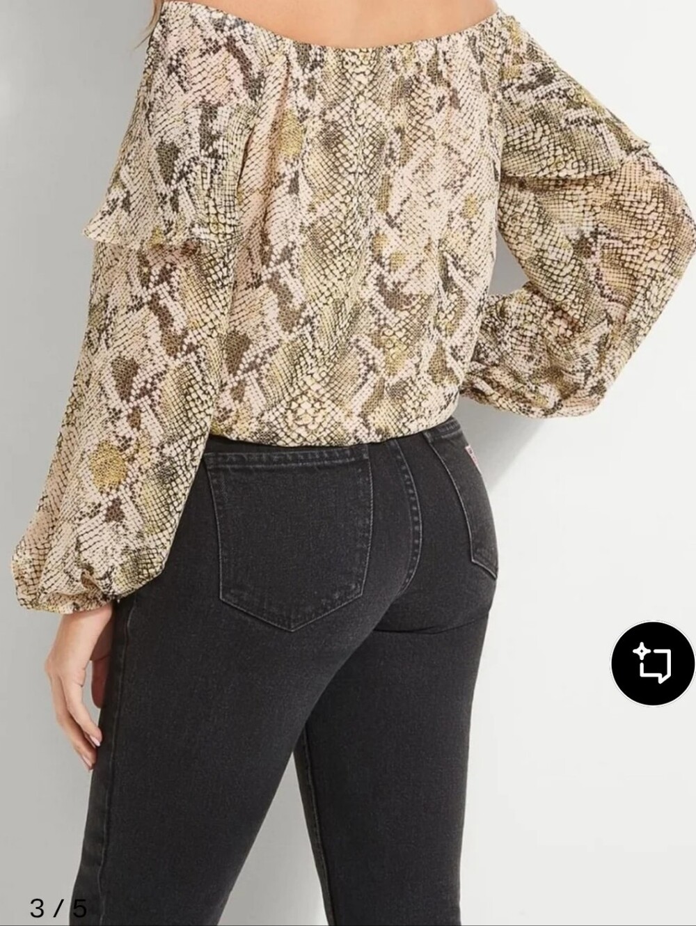 GUESS Y2K ANIMAL PRINT Off-Shoulder Snake Blouse Beige & Olive Boho Queen 90s - Picture 4 of 11